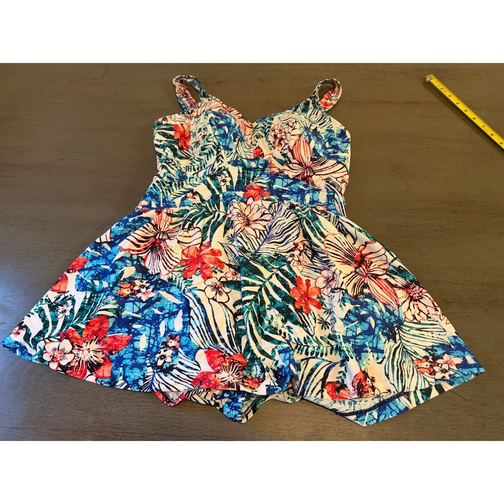 Azul Floral Swim Dress One Piece Swimsuit Blue Hibiscus Tropical Print Size 16
